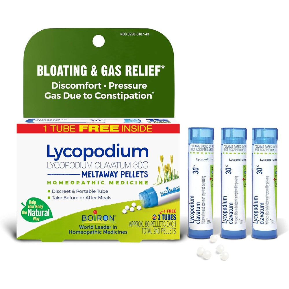 Boiron Lycopodium Clavatum 30C front view of 3-tube bonus pack for gas relief