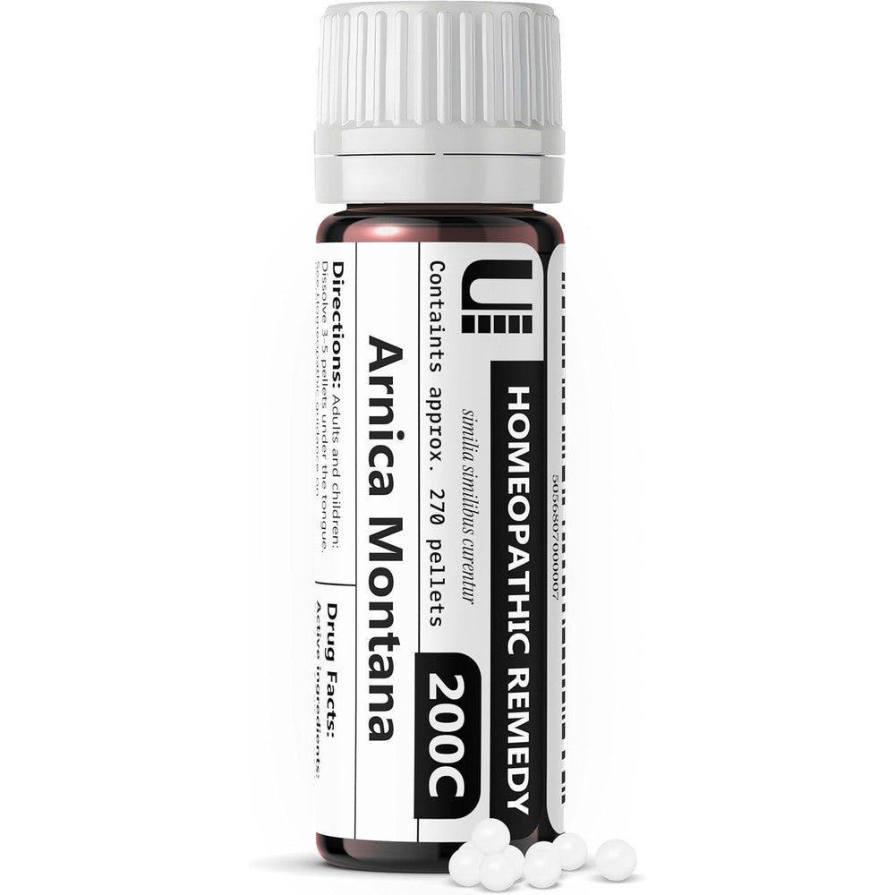 Urenus Arnica Montana 200C front view bottle of homeopathic pellets for bruising.