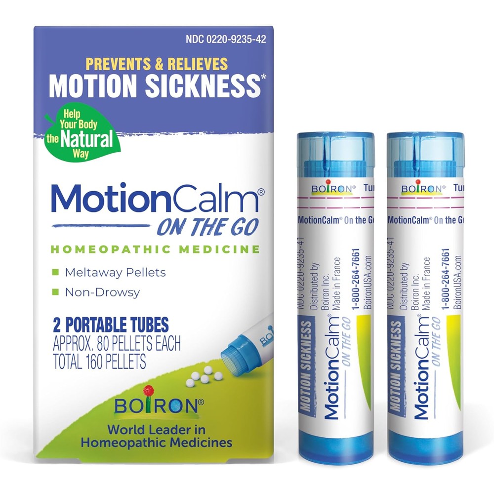 Boiron MotionCalm On The Go 160 pellets front packaging for non drowsy motion sickness relief