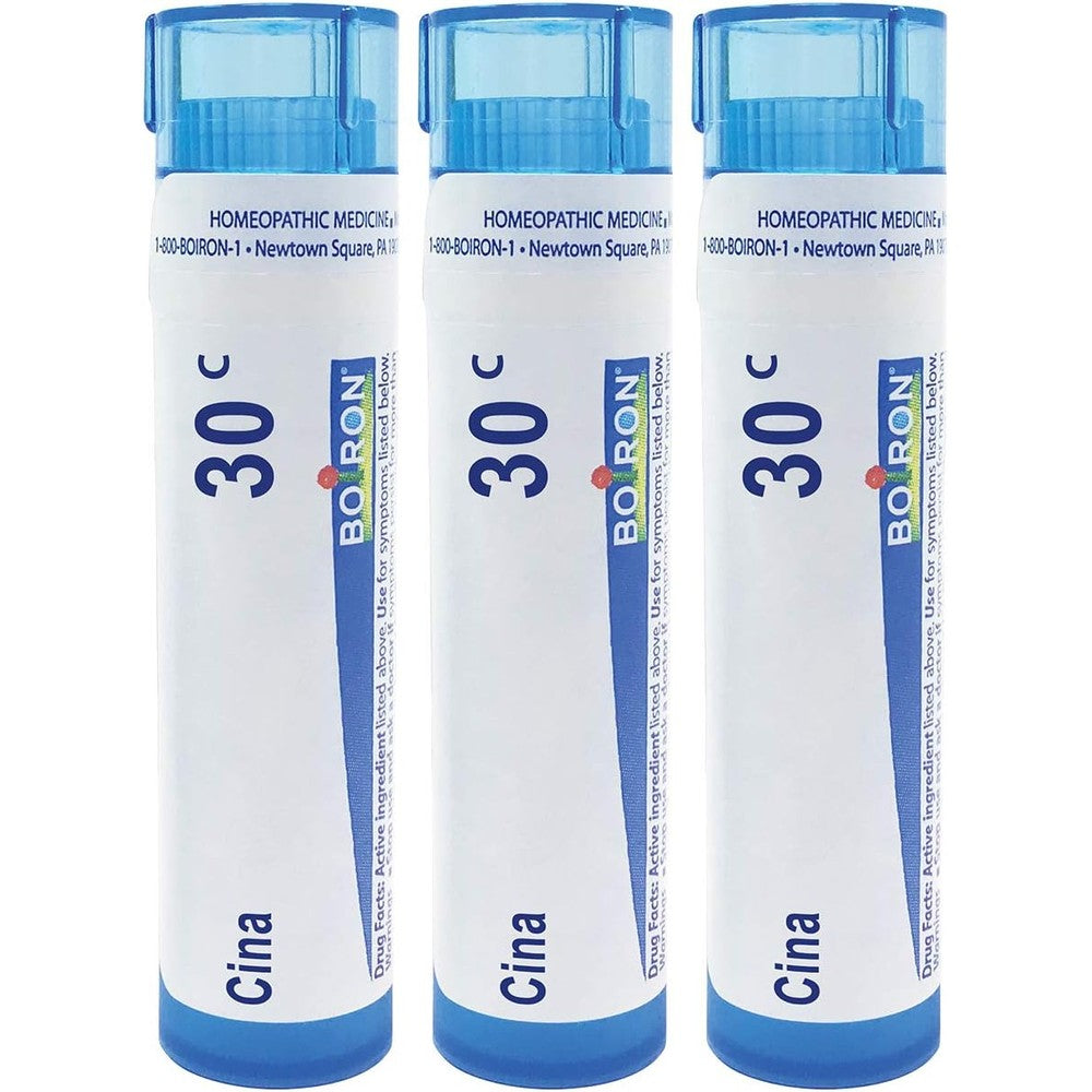 Boiron Cina 30C homeopathic medicine pack of 3 front view for child irritability relief.