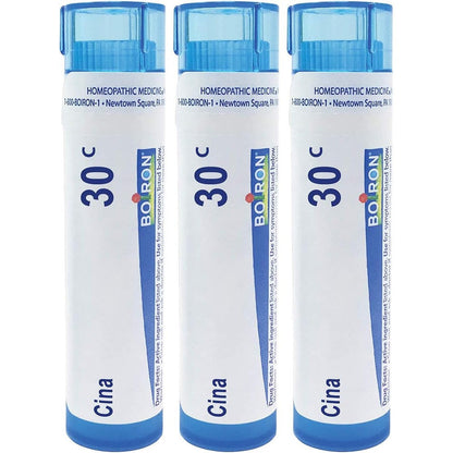 Boiron Cina 30C homeopathic medicine pack of 3 front view for child irritability relief.