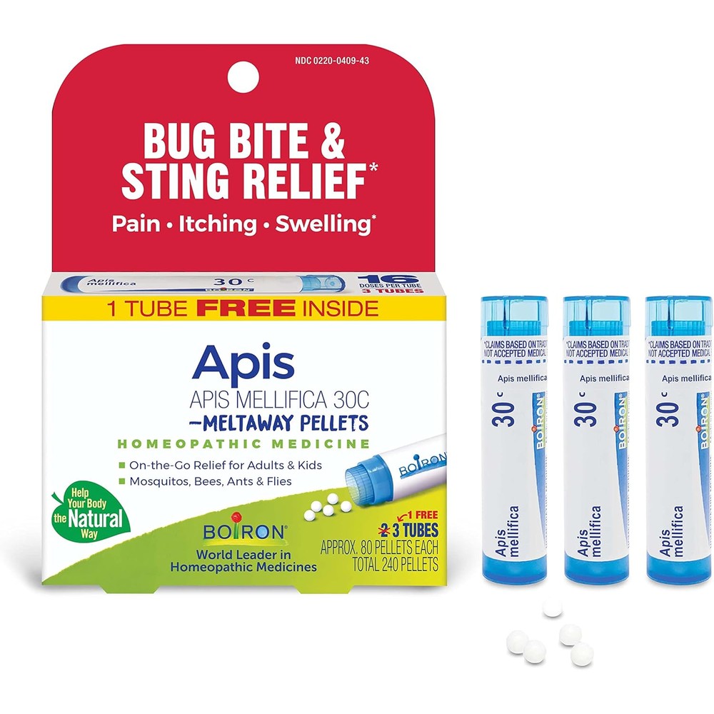 Boiron Apis Mellifica 30C front packaging showing bug bite relief benefits