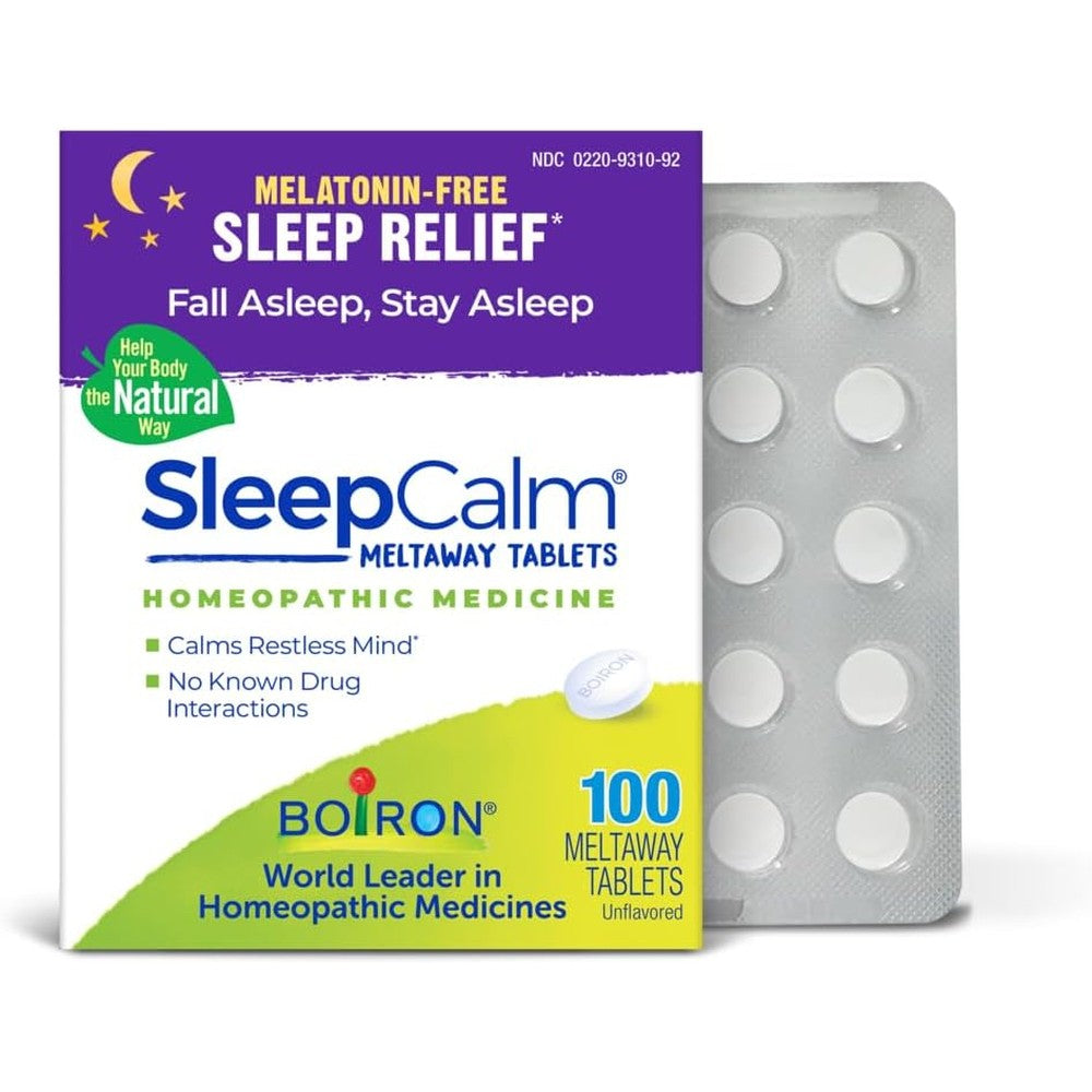 Boiron SleepCalm 100 Count front packaging displaying melatonin free sleep aid benefits.