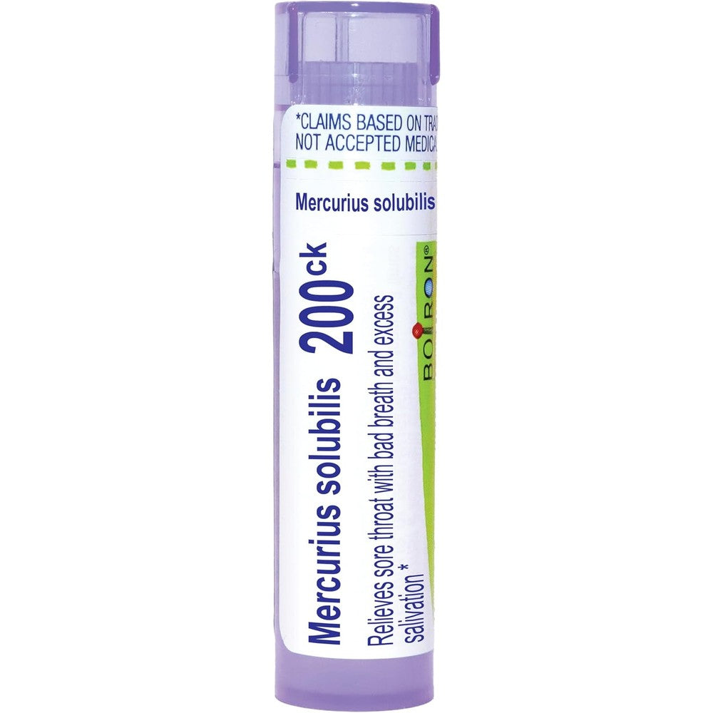 Boiron Mercurius Solubilis 200CK tube front view for homeopathic sore throat relief.
