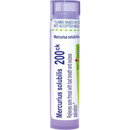 Boiron Mercurius Solubilis 200CK tube front view for homeopathic sore throat relief.