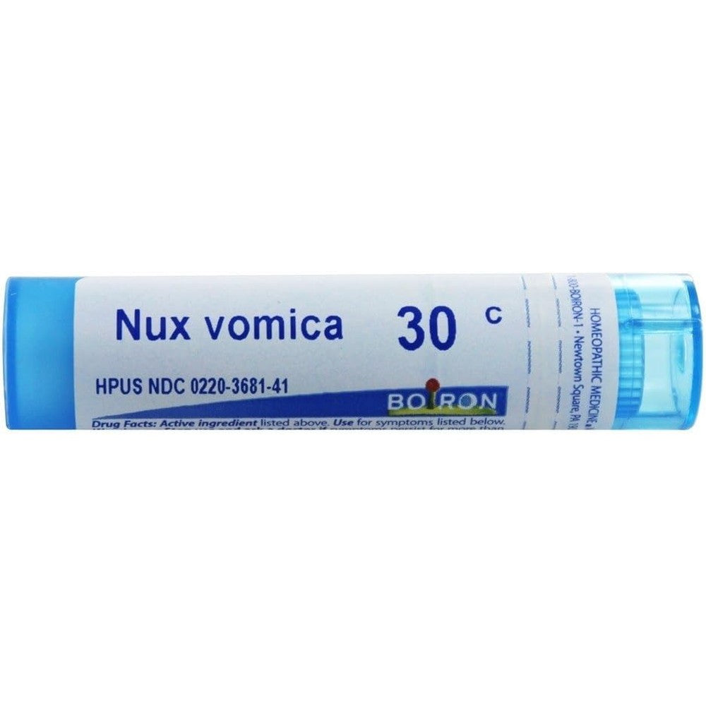 Boiron Nux Vomica 30C blue tube front view homeopathic digestive relief pellets