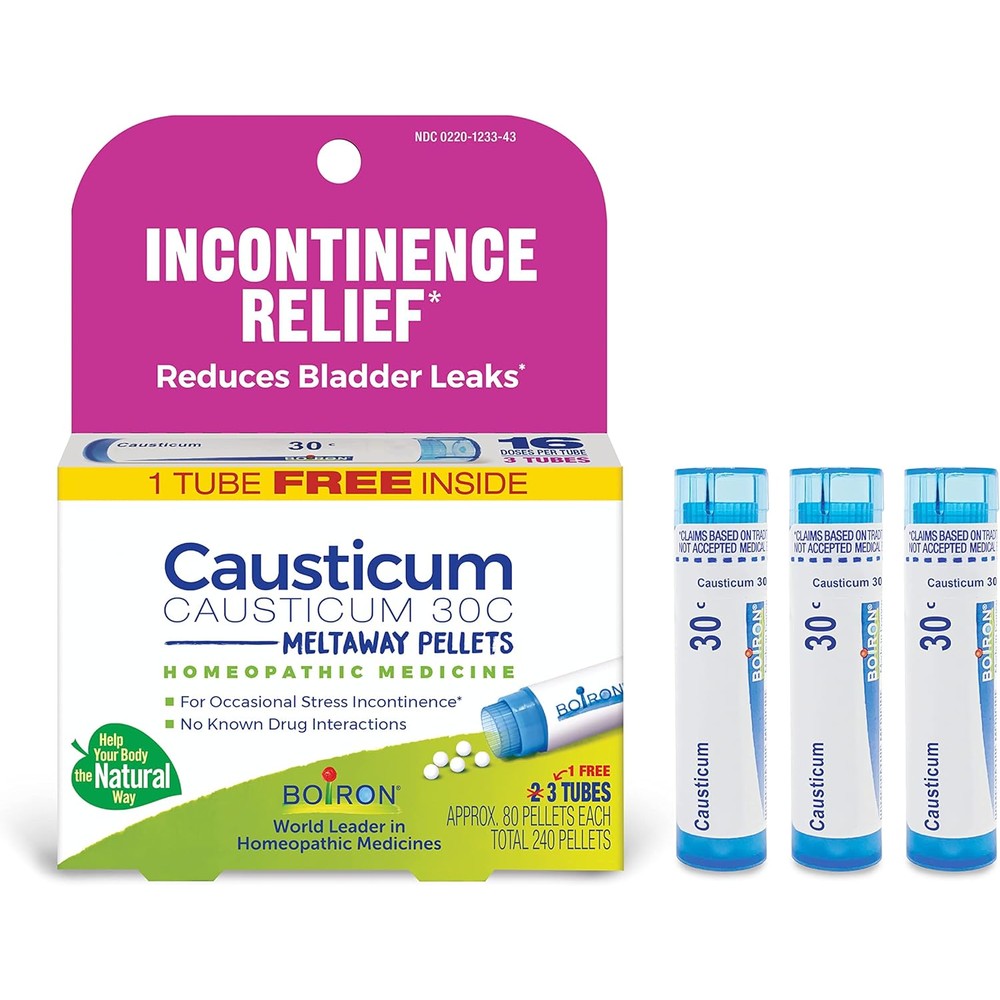 Boiron Causticum 30C 3-pack front view showing incontinence relief packaging