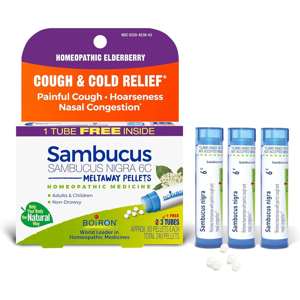 Boiron Sambucus Nigra 6C front view of 3 pack bonus care packaging
