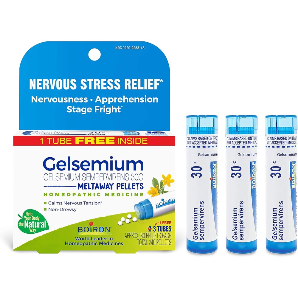 Boiron Gelsemium 30C 3-pack front view for homeopathic stress relief.