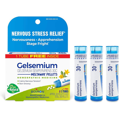 Boiron Gelsemium 30C 3-pack front view for homeopathic stress relief.