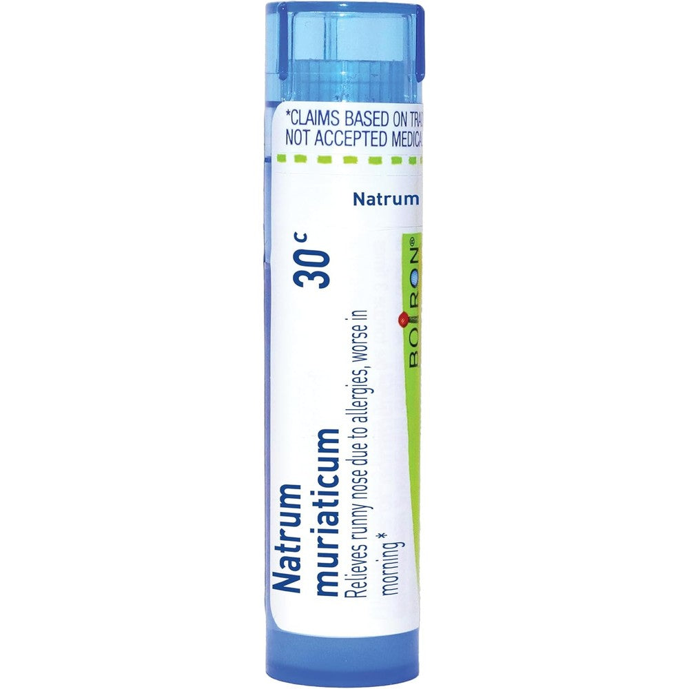 Boiron Natrum Muriaticum 30C blue tube front view for allergy relief