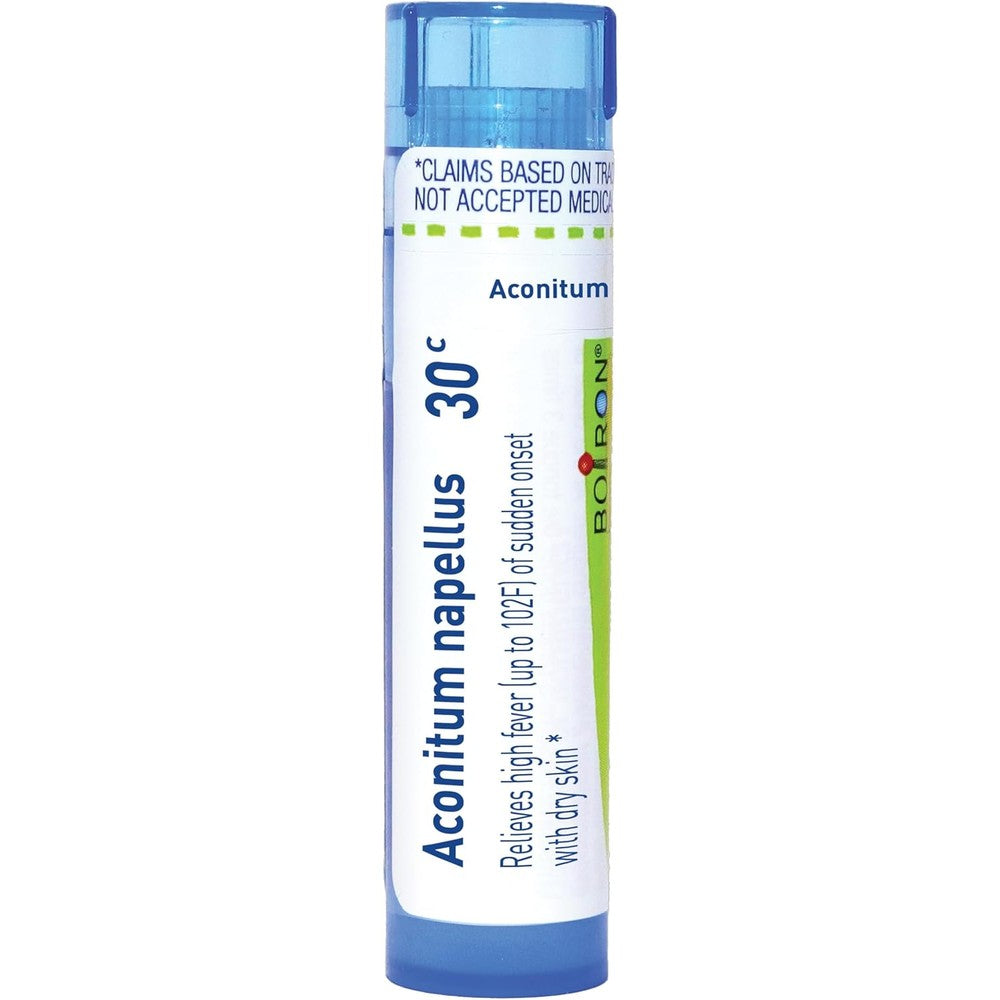 Boiron Aconitum Napellus 30C front view showing authentic packaging for fever relief