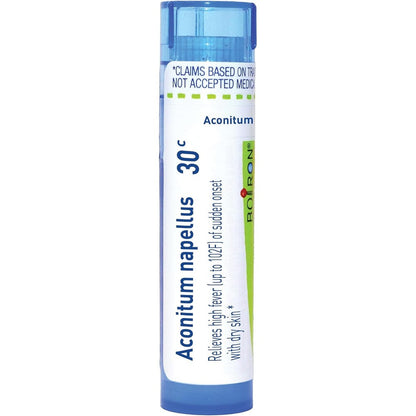 Boiron Aconitum Napellus 30C front view showing authentic packaging for fever relief