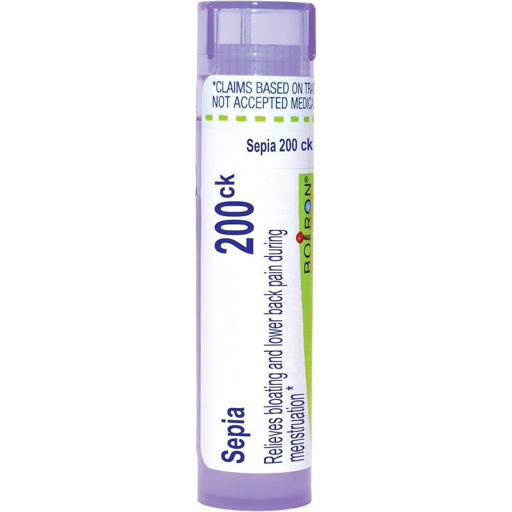 Boiron Sepia 200Ck 80 Pellets front view for homeopathic mood relief.