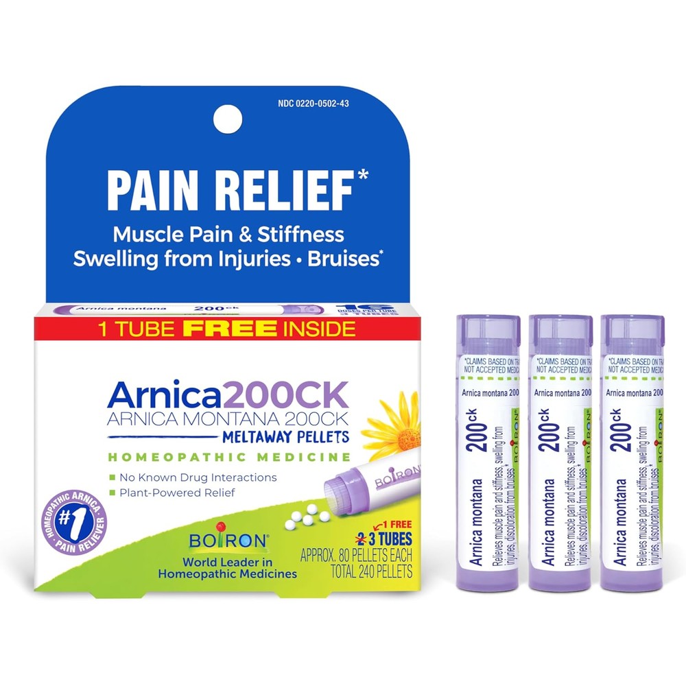 Boiron Arnica Montana 200CK front view pack of three tubes for muscle pain relief
