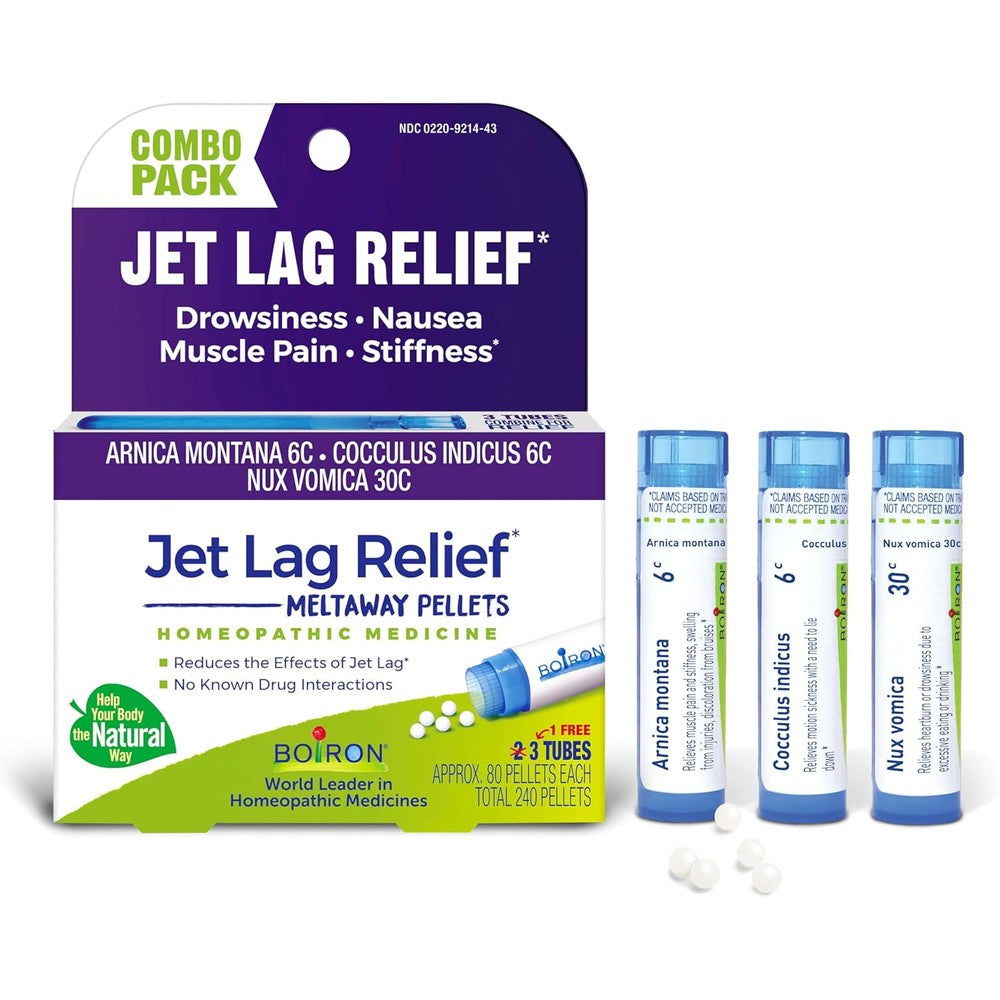 Boiron Jet Lag Relief Kit front view of three tube pack for travel fatigue.