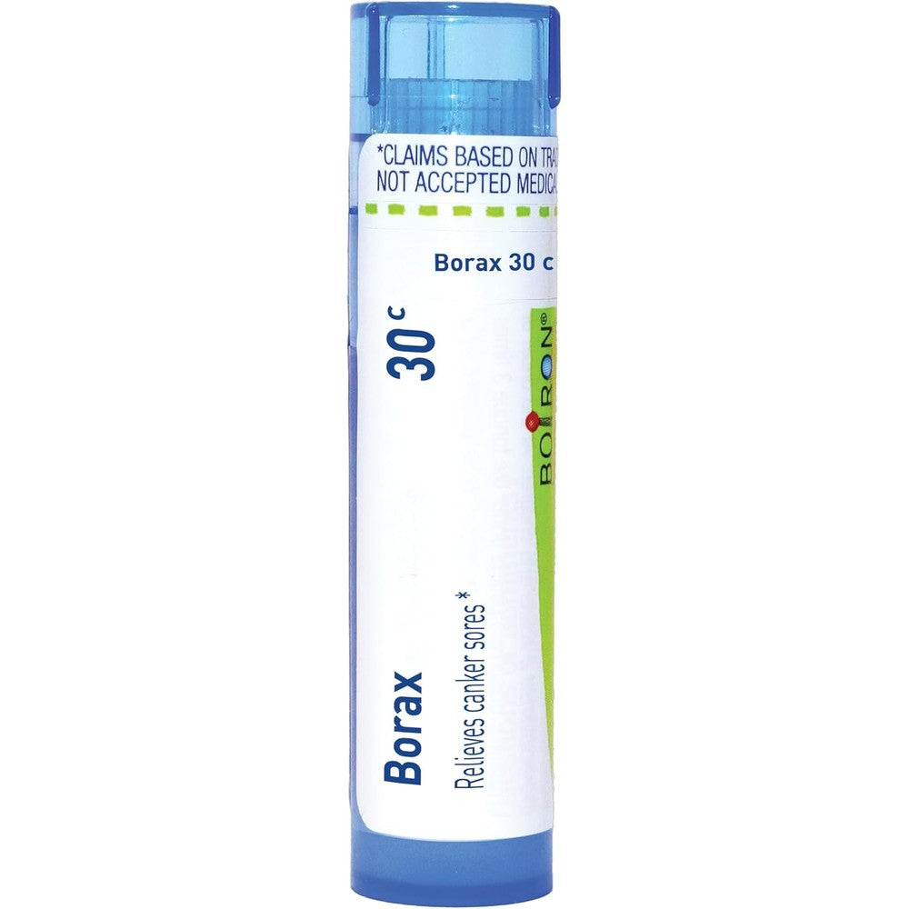 Boiron Borax 30C blue tube front view for canker sore relief