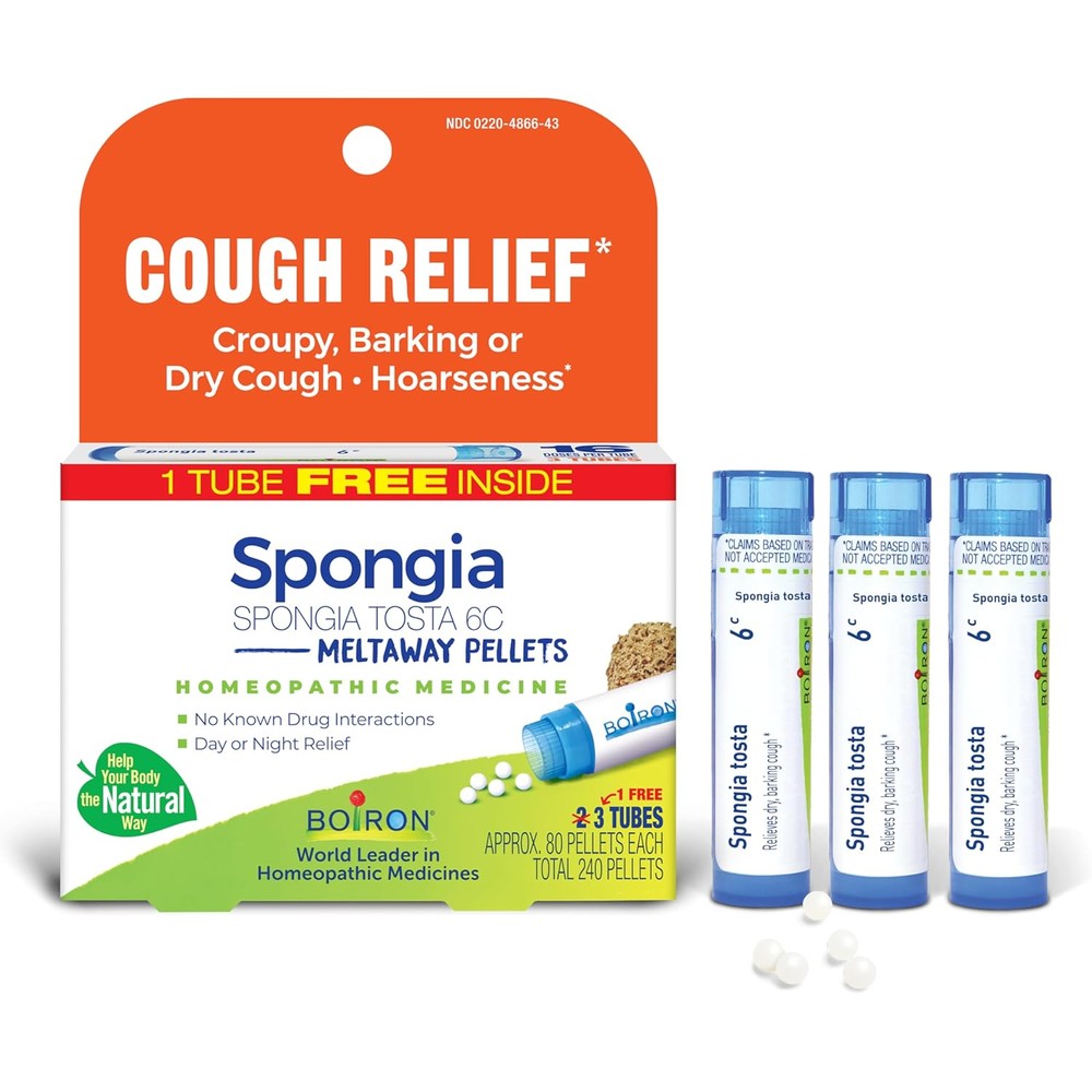 Boiron Spongia Tosta 6C bonus pack front view showing packaging for dry cough relief