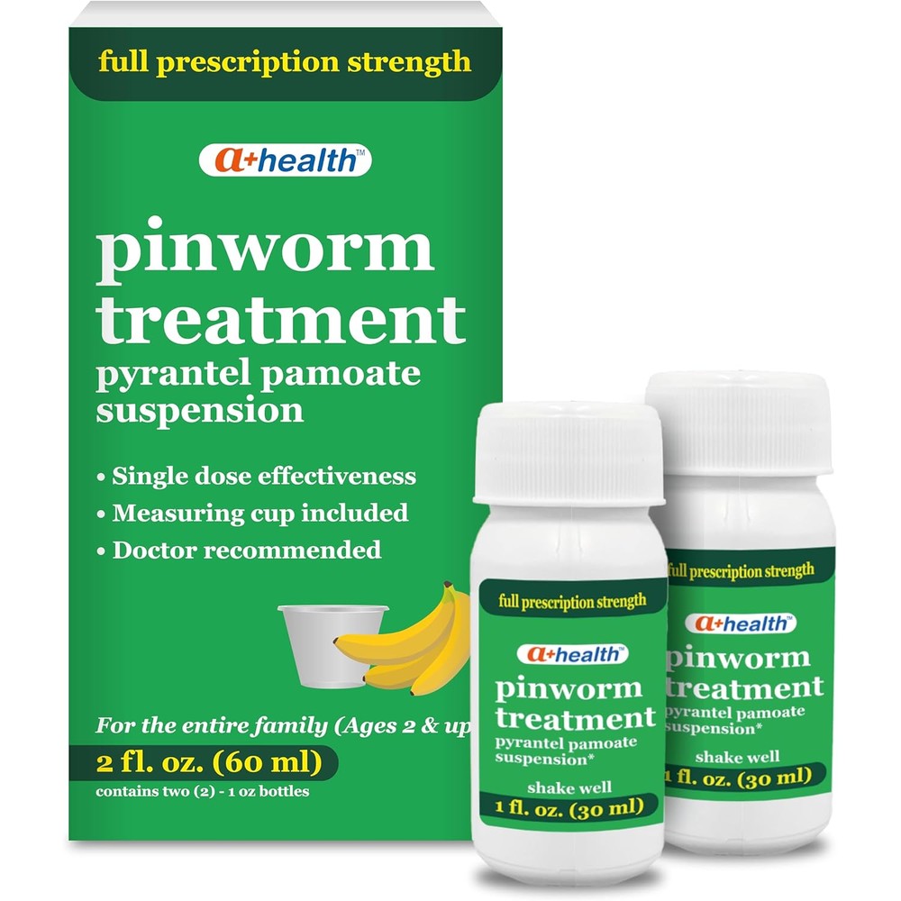 A+Health Pinworm Treatment 2 fluid ounce bottle front view for family use
