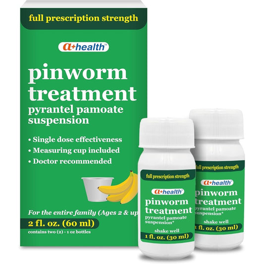 A+Health Pinworm Treatment 2 fluid ounce bottle front view for family use