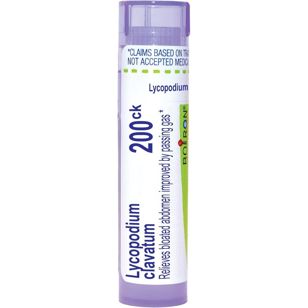 Boiron Lycopodium Clavatum 200C front view tube for homeopathic gas relief.