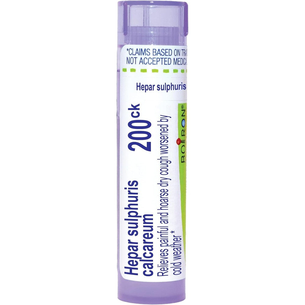 Boiron Hepar Sulphuris Calcareum 200Ck front view tube for dry cough relief