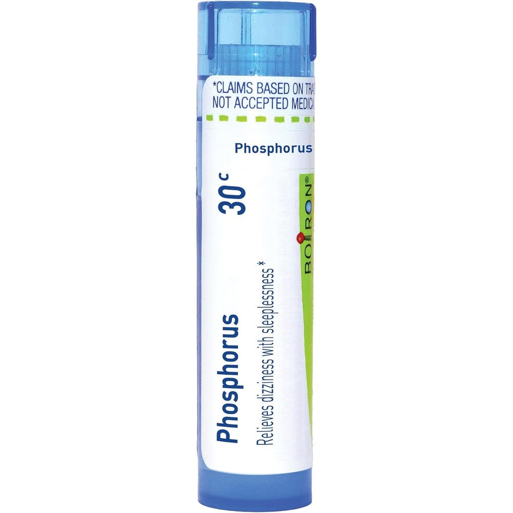 Boiron Phosphorus 30C Homeopathic Medicine front view showing the blue dispensing tube for dizziness relief.
