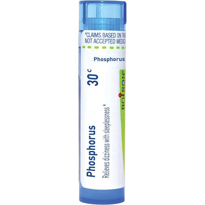 Boiron Phosphorus 30C Homeopathic Medicine front view showing the blue dispensing tube for dizziness relief.