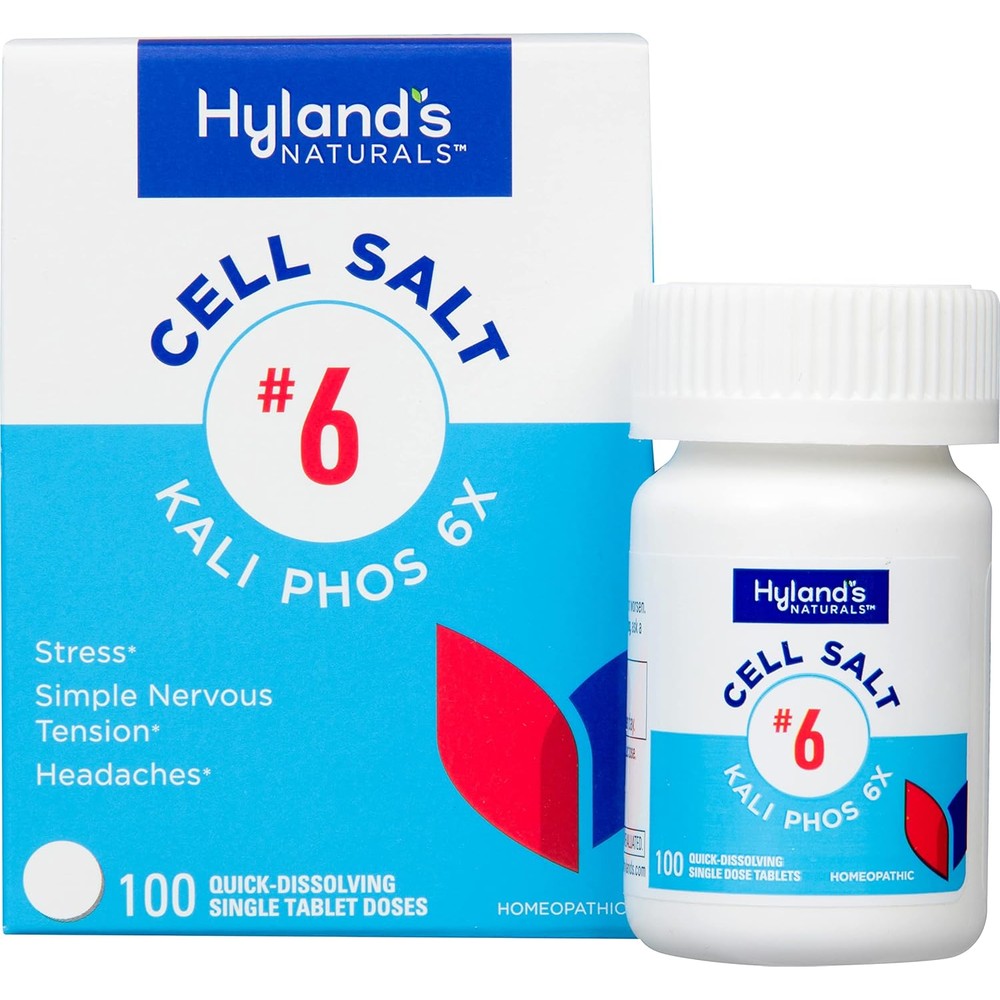 Hyland's Naturals Cell Salt Number 6 Kali Phos 6X tablets front packaging for stress relief
