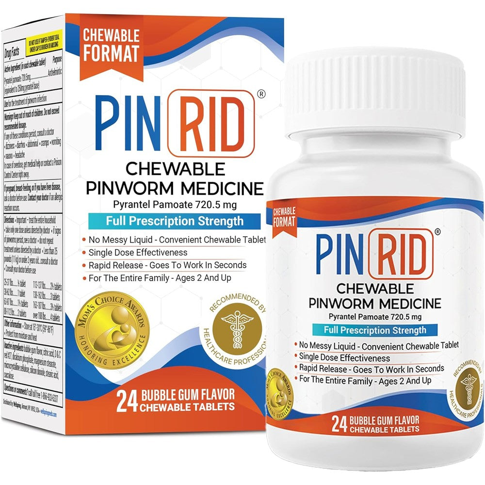 PIN RID Pinworm Medicine front packaging showing 24 bubble gum chewable tablets.