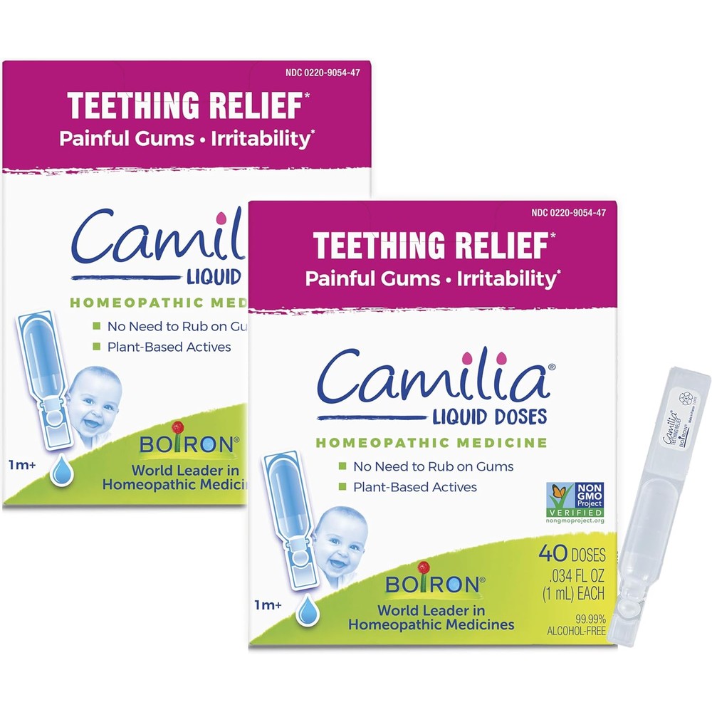 Boiron Camilia teething drops forty count pack of two front packaging view showing authentic USA import seal.