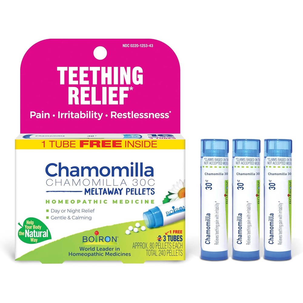 Boiron Chamomilla 30C teething relief pellets front packaging showing three tubes.