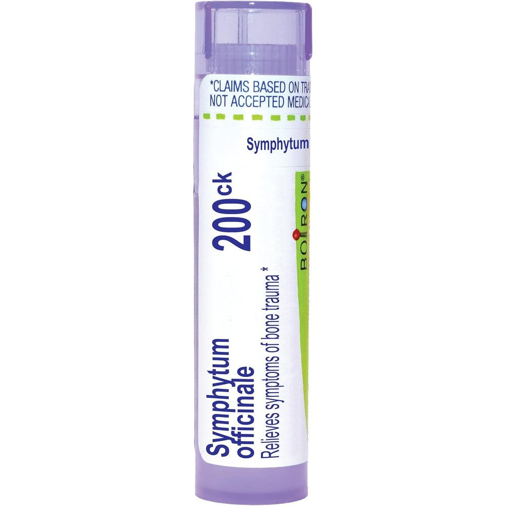 Boiron Symphytum Officinale 200Ck 80 pellets front view for bone trauma relief.