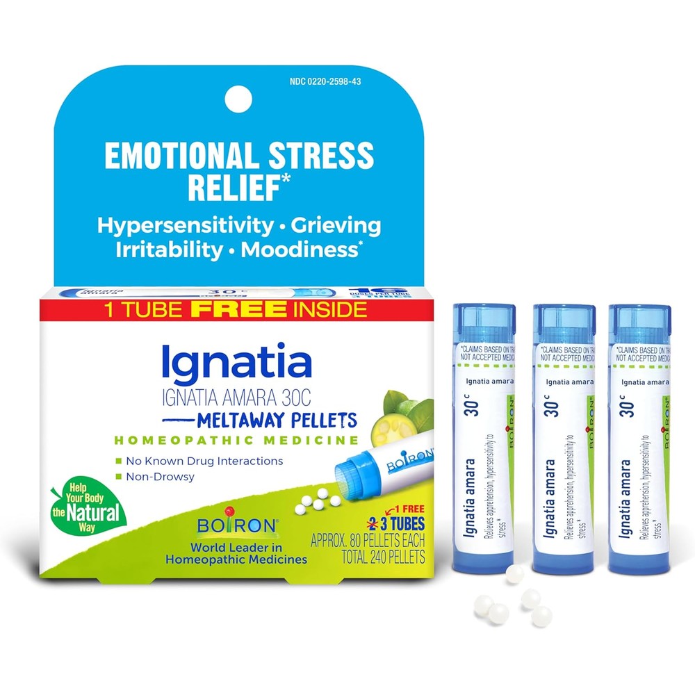 Boiron Ignatia Amara 30C 3-count pack front view for emotional stress relief.