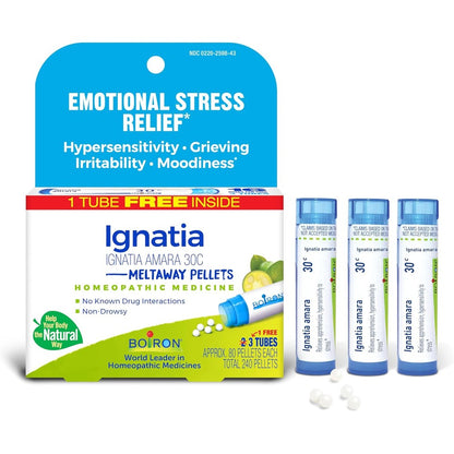 Boiron Ignatia Amara 30C 3-count pack front view for emotional stress relief.