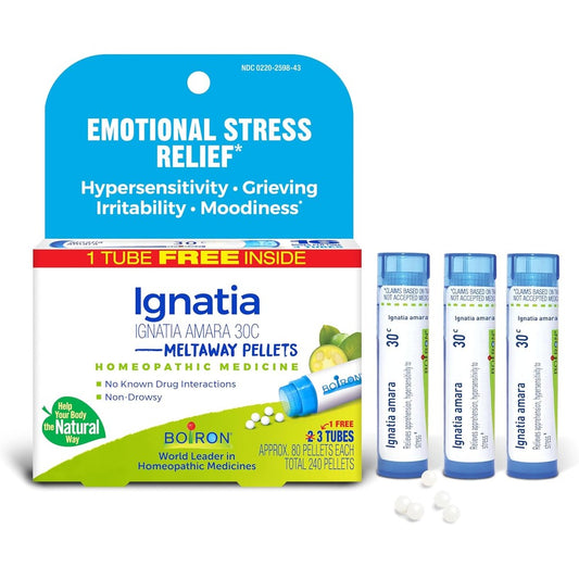 Boiron Ignatia Amara 30C 3-count pack front view for emotional stress relief.
