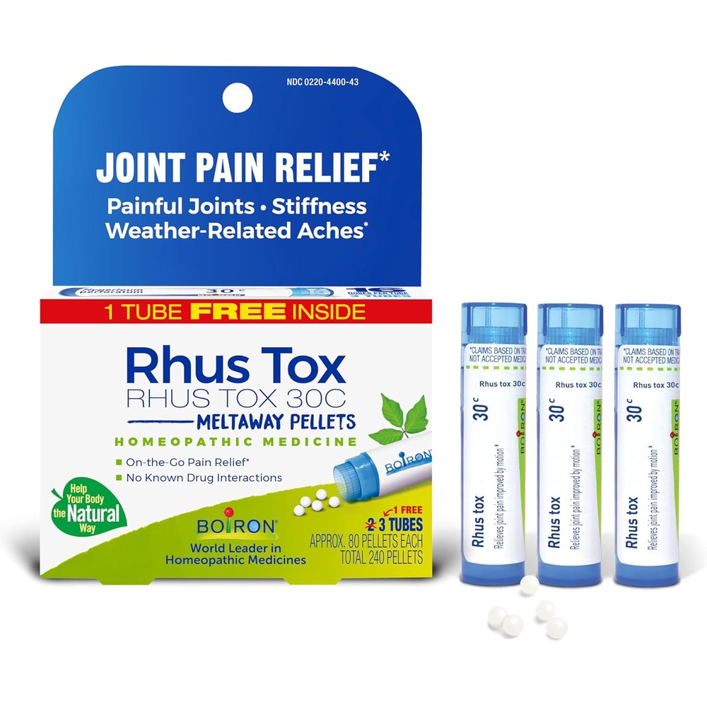 Boiron Rhus Tox 30C three tube pack front view for joint pain relief.