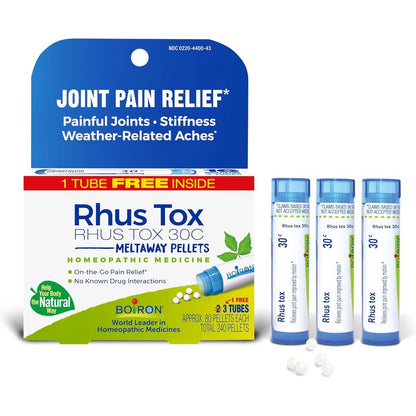 Boiron Rhus Tox 30C three tube pack front view for joint pain relief.