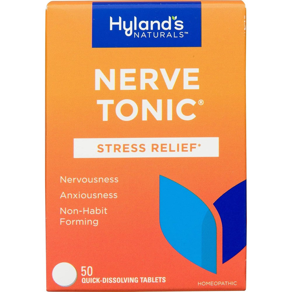 Hyland's Nerve Tonic Stress Relief 50 count bottle front view for natural anxiety relief.