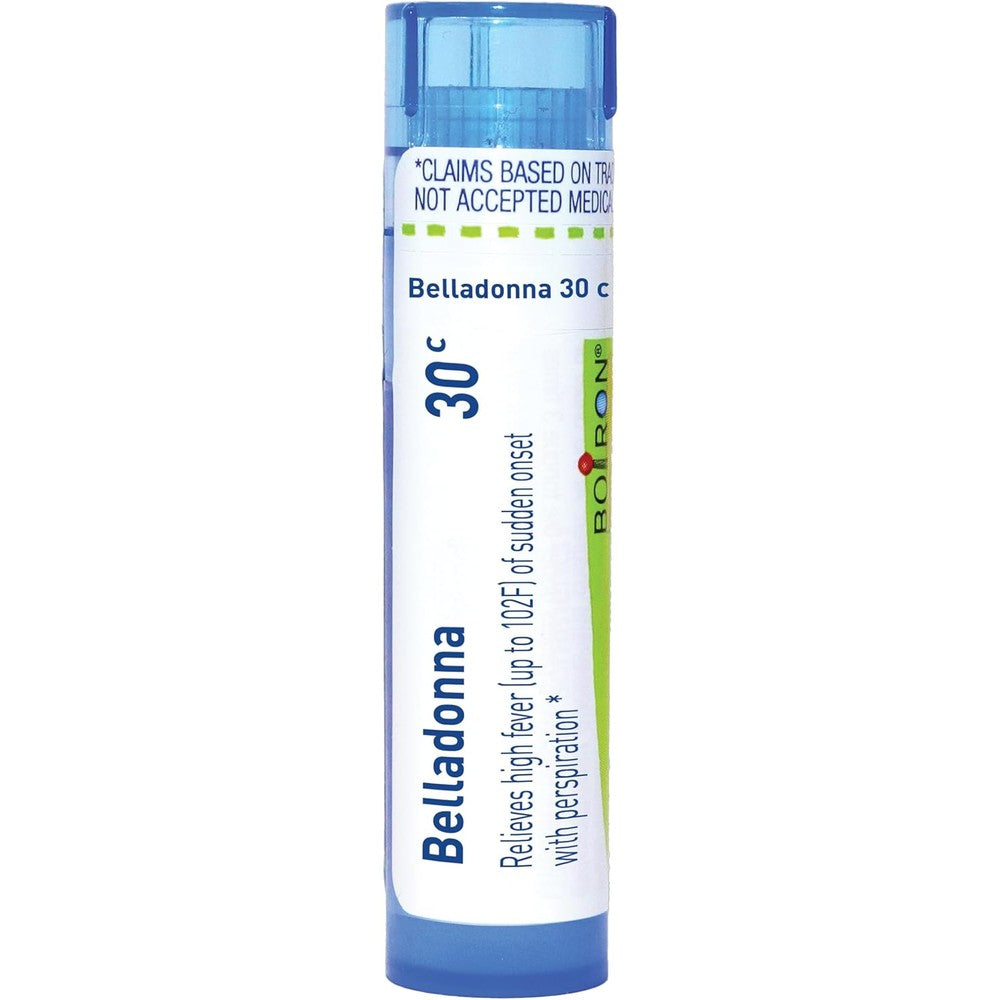 Boiron Belladonna 30C front view of blue dispensing tube for fever relief.