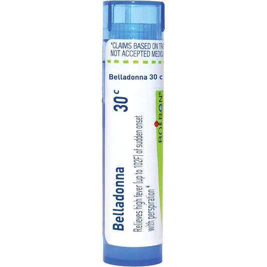 Boiron Belladonna 30C front view of blue dispensing tube for fever relief.