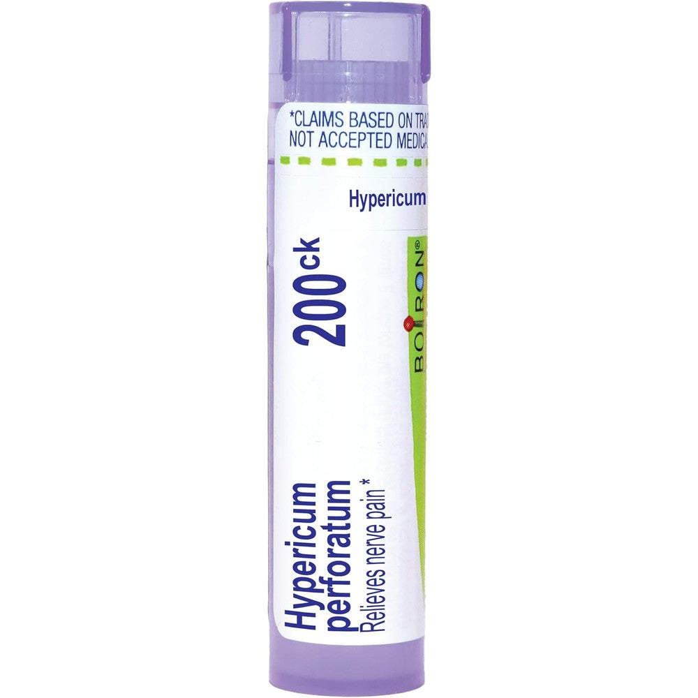 Boiron Hypericum Perforatum 200CK pellet dispenser tube front view for nerve pain relief.