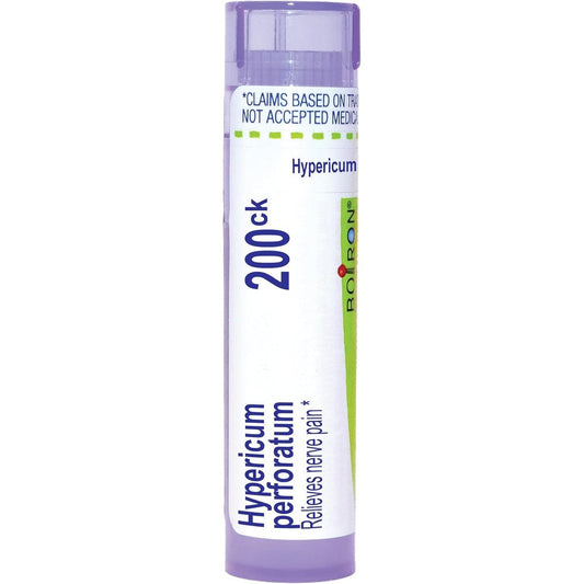 Boiron Hypericum Perforatum 200CK pellet dispenser tube front view for nerve pain relief.