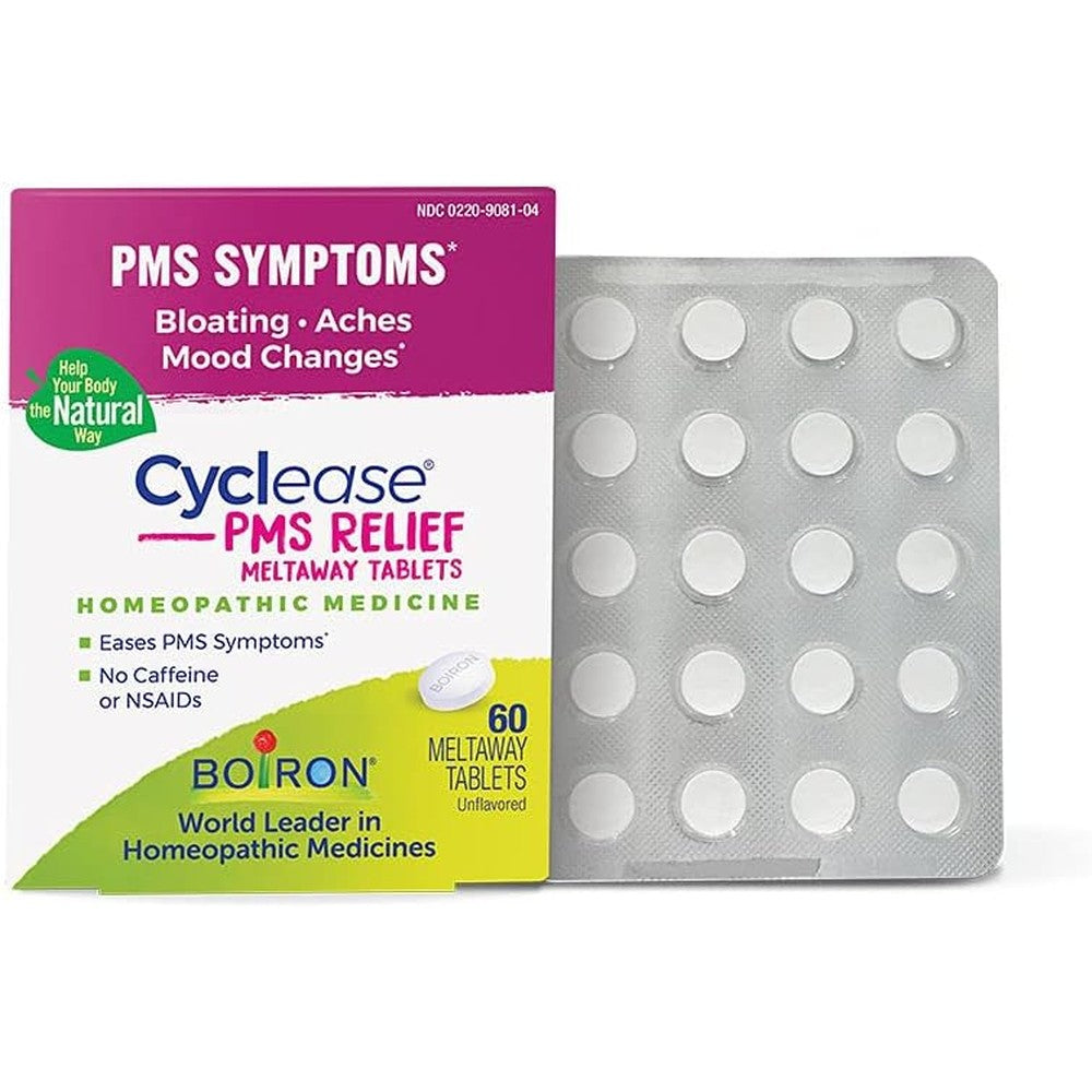 Boiron Cyclease PMS Relief 60 count front packaging for homeopathic period support.