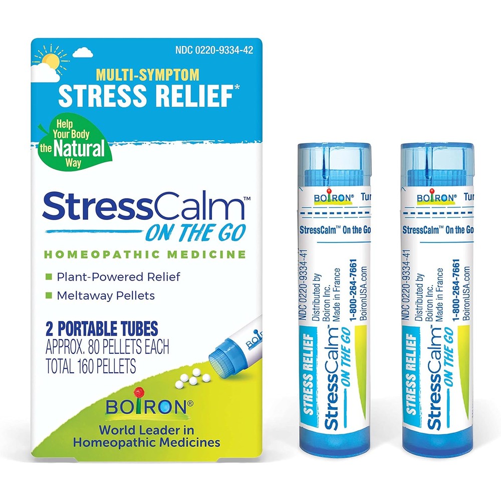 Boiron StressCalm On The Go front packaging showing two portable tubes for stress relief.