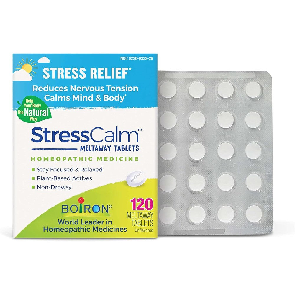 Boiron StressCalm 120 count front packaging for stress relief