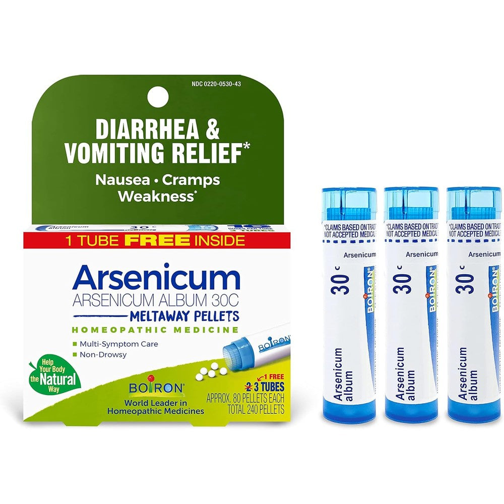 Boiron Arsenicum Album 30C 3-pack front view for diarrhea relief.