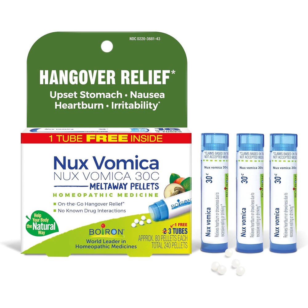 Boiron Nux Vomica 30C three tube pack front view for hangover relief.