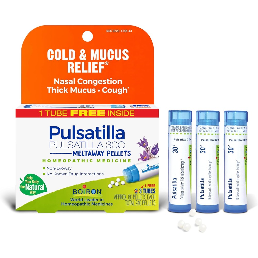 Boiron Pulsatilla 30C front packaging showing cold and mucus relief pellets.