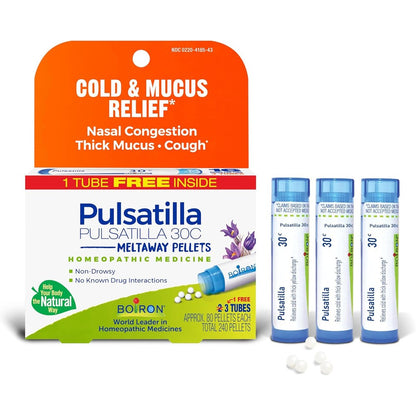Boiron Pulsatilla 30C front packaging showing cold and mucus relief pellets.